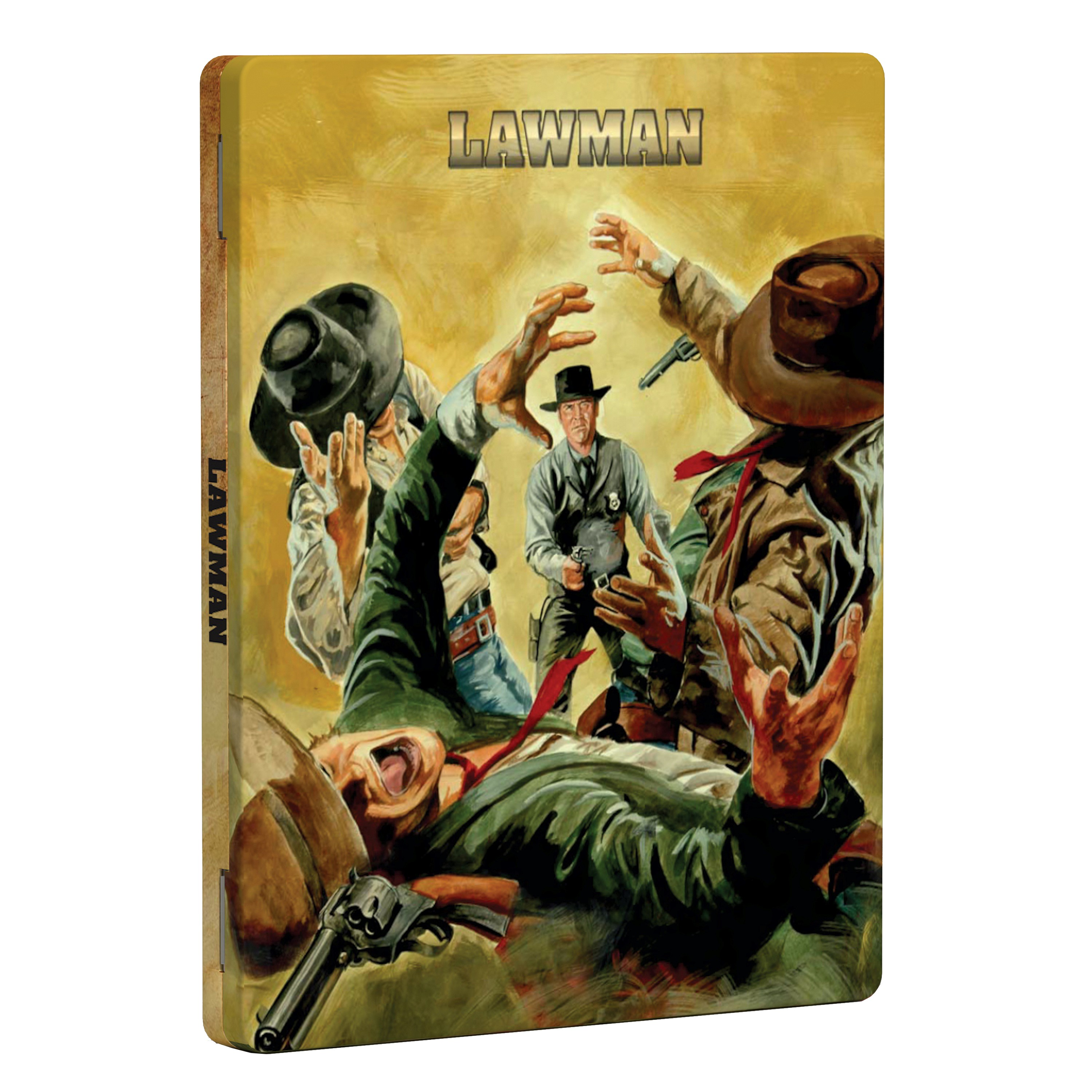 DVD-Cover von 'Lawman', eine illustrierte Szene mit Figuren in einer Schießerei.