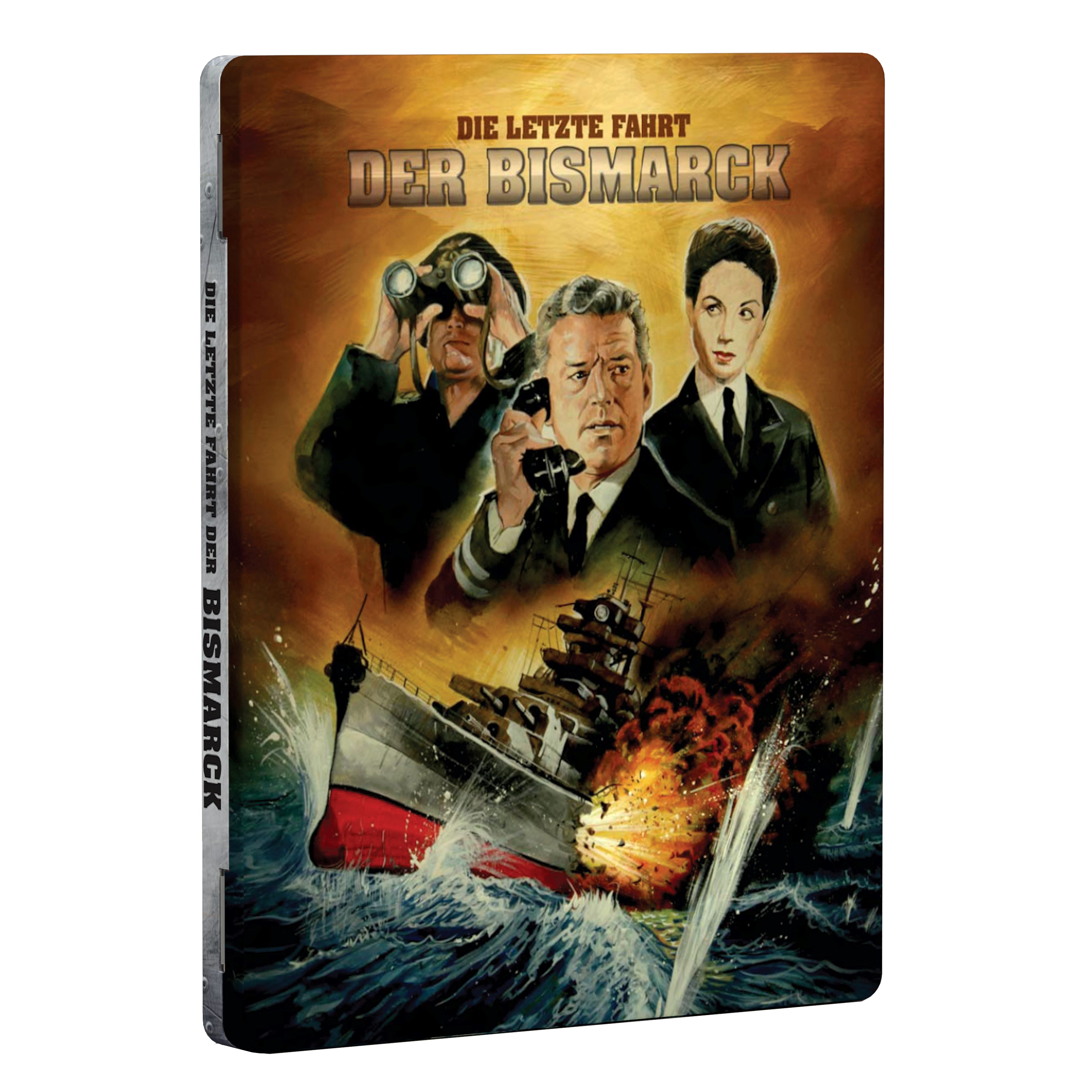 Filmcover: Männer mit Ferngläsern, ein Mann am Telefon, eine Frau. Ein Schiff brennt. Text: Der Bismarck.