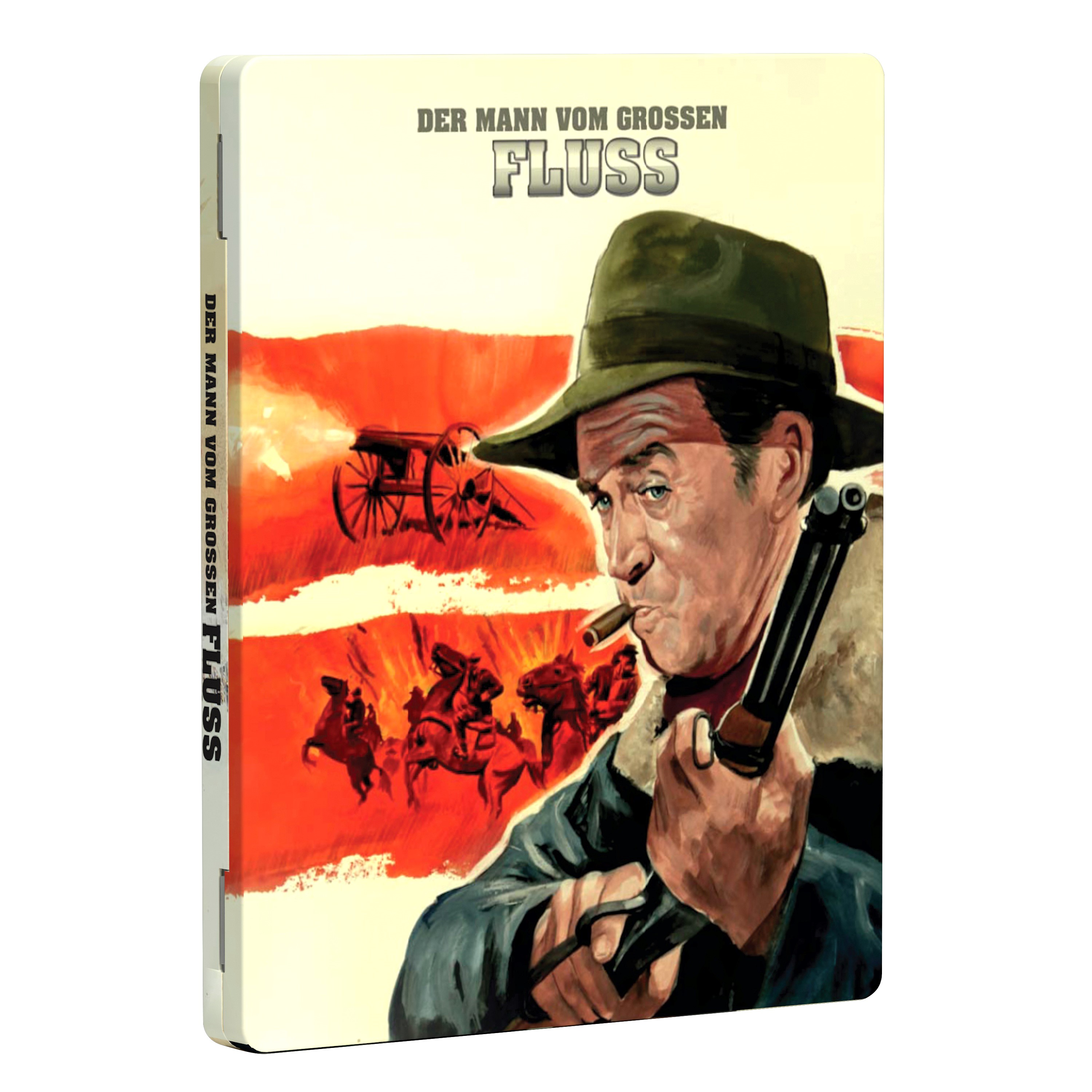 Filmposter mit Mann, der eine Waffe, einen Hut und eine Zigarre hält. Hintergrund: Pferde und Wagen.