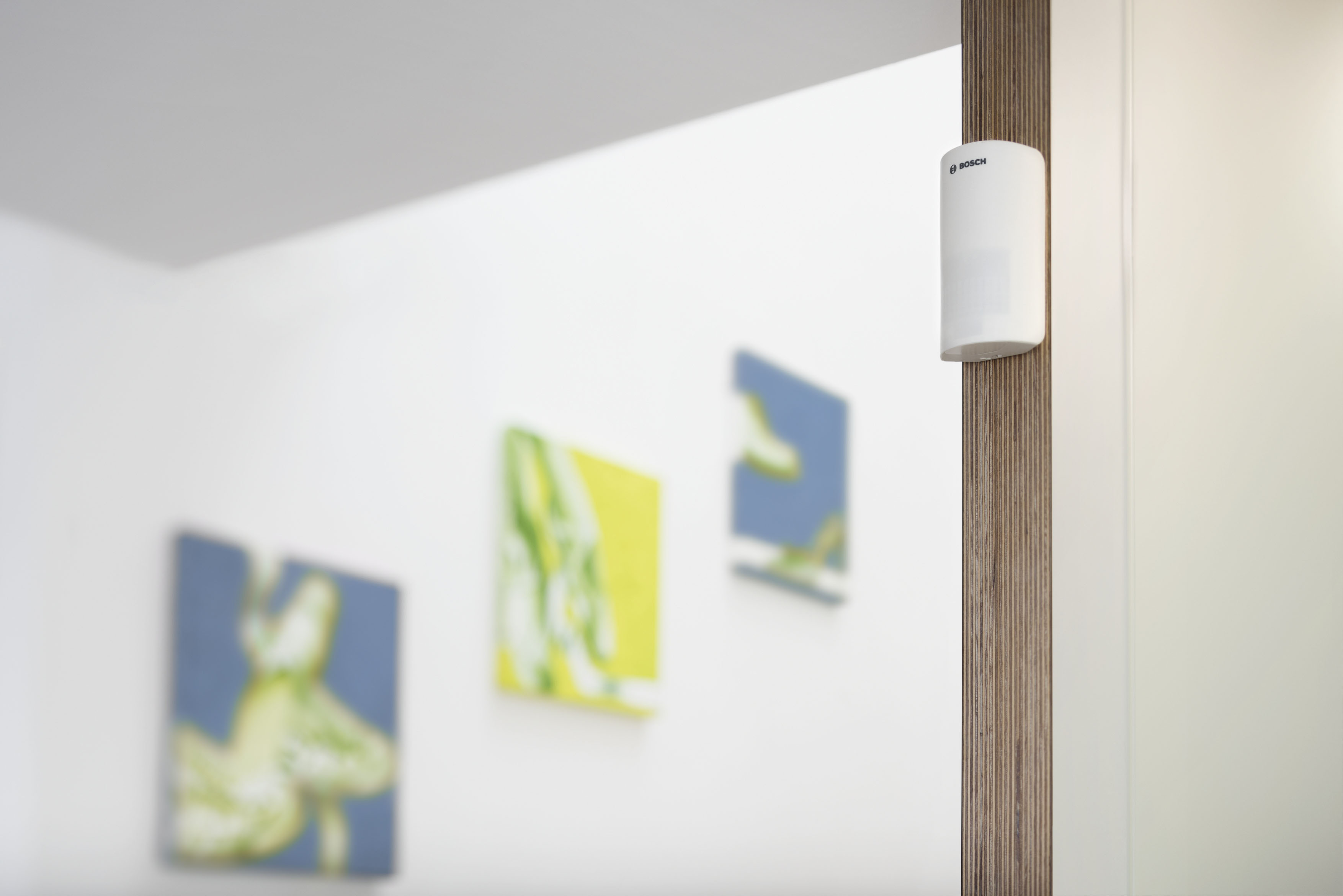 Sensor an Holzleiste neben weißer Wand mit unscharfen Gemälden.