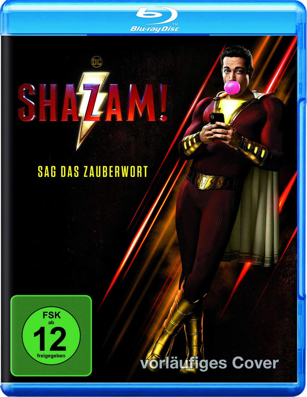 Filmcover für Shazam! Der Held hält ein Telefon und bläst eine Blase. Der Hintergrund hat rote Linien.