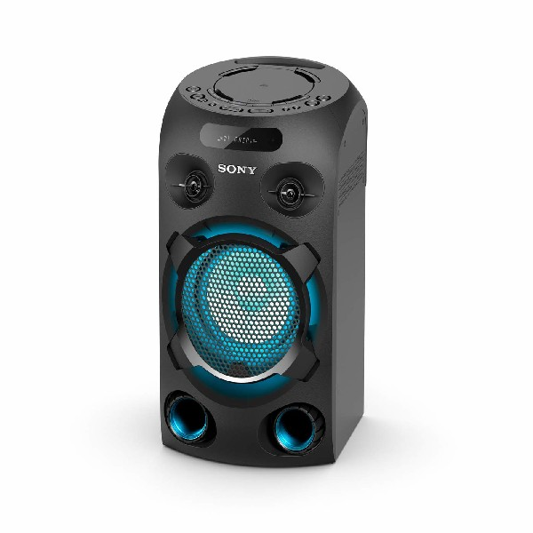 Altavoz Bluetooth Sony negro. Tiene luz azul central y dos luces azules pequeñas abajo.