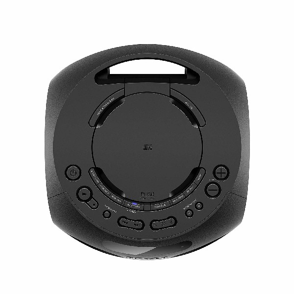Altavoz portátil negro con botones. El altavoz es circular. Fondo blanco.