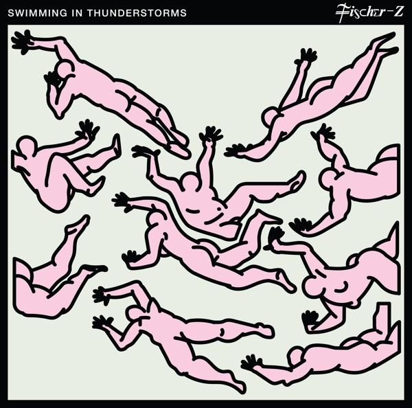 Albumcover 'Swimming in Thunderstorms'. Rosa Figuren in verschiedenen Schwimmposen vor hellgrünem Hintergrund.