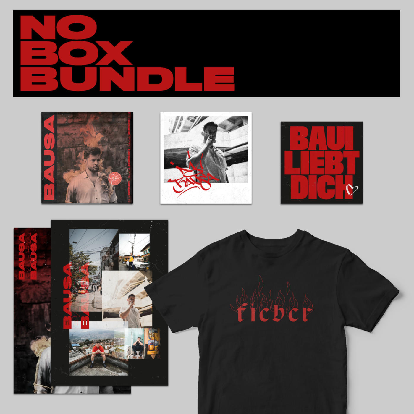 Ein Bundle von Artikeln, darunter ein T-Shirt und Albumcover.