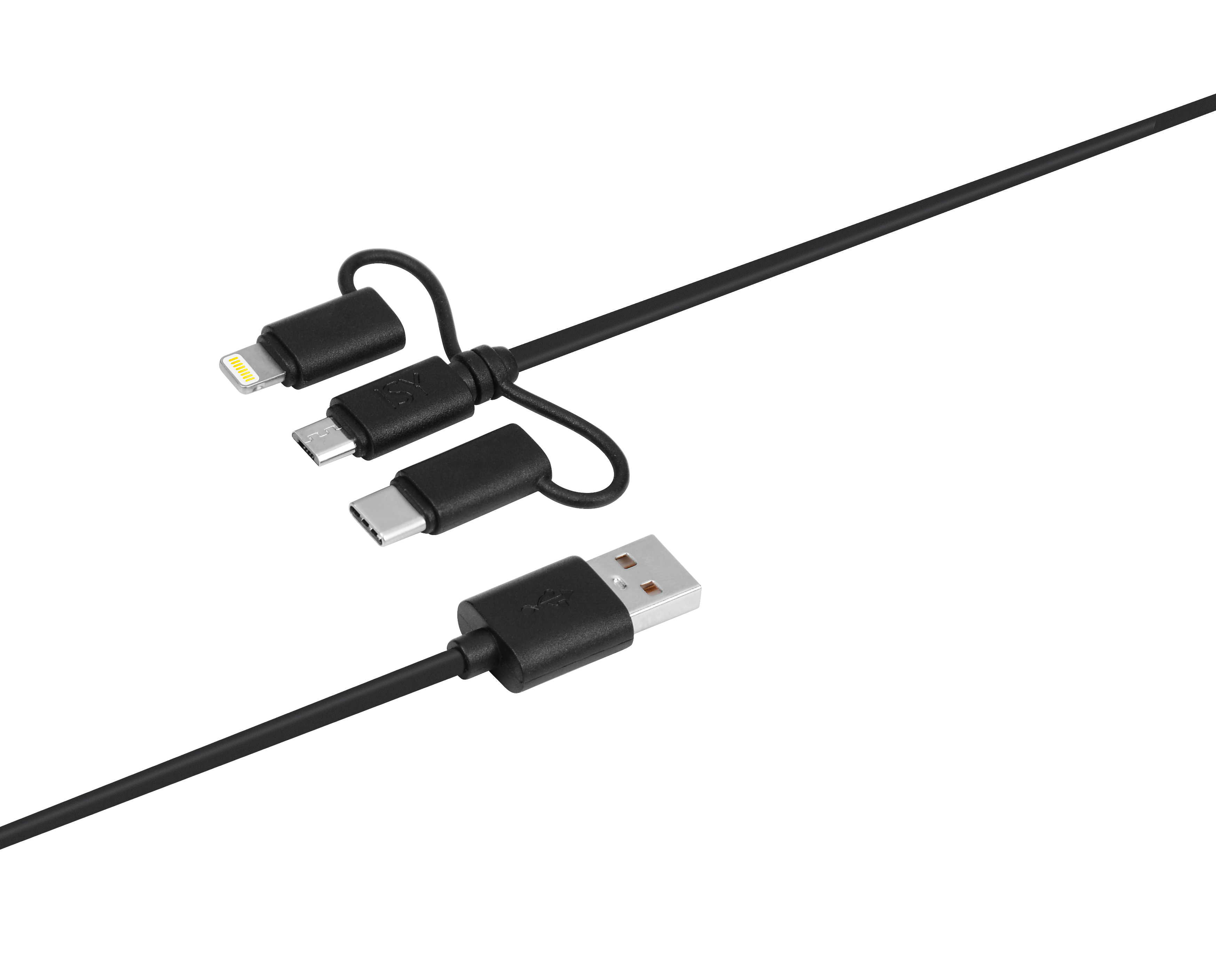 Schwarzes Ladekabel mit Lightning-, Micro-USB- und USB-C-Anschlüssen.
