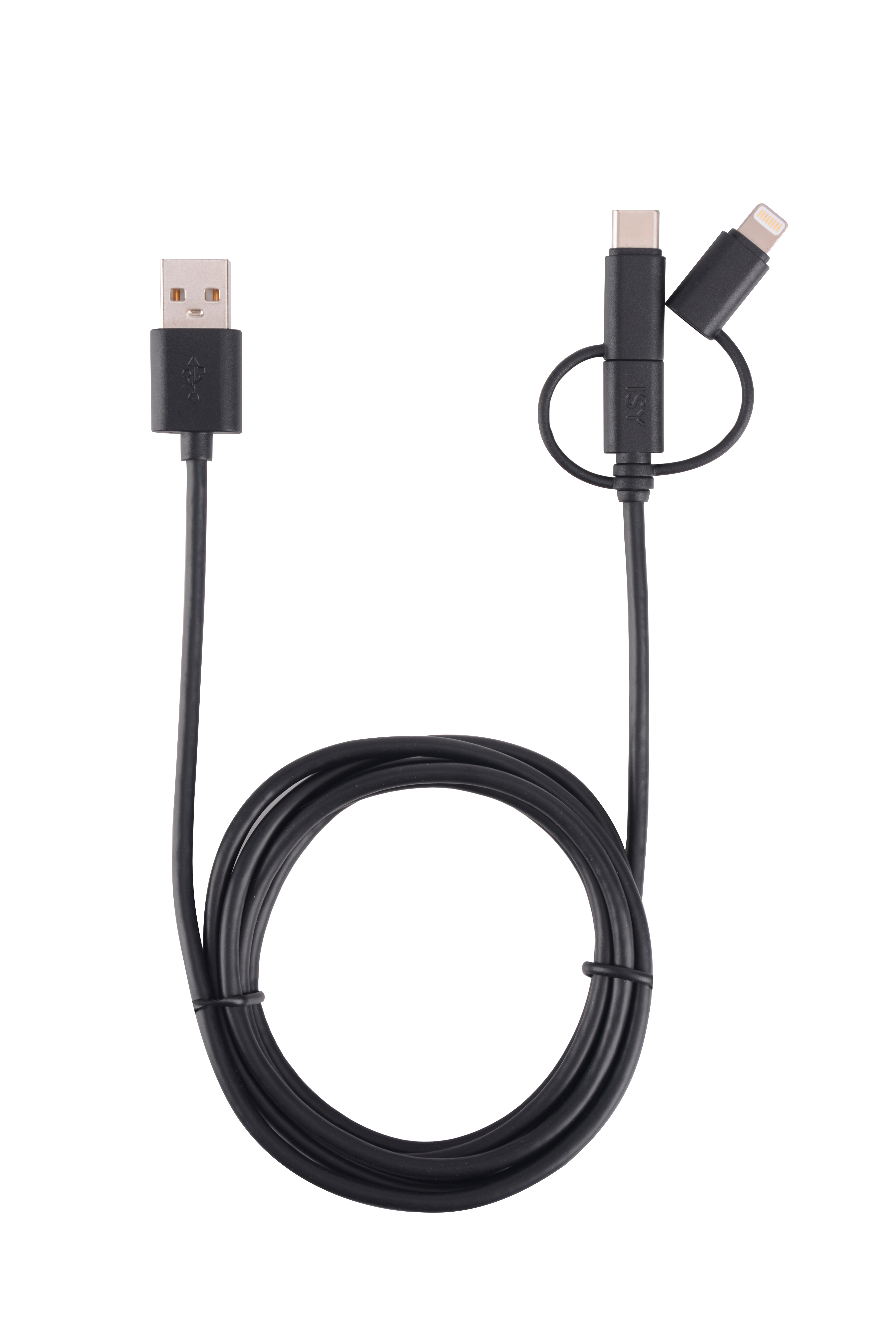 Schwarzes USB-Ladekabel mit USB-, USB-C- und Lightning-Anschlüssen auf weißem Hintergrund.