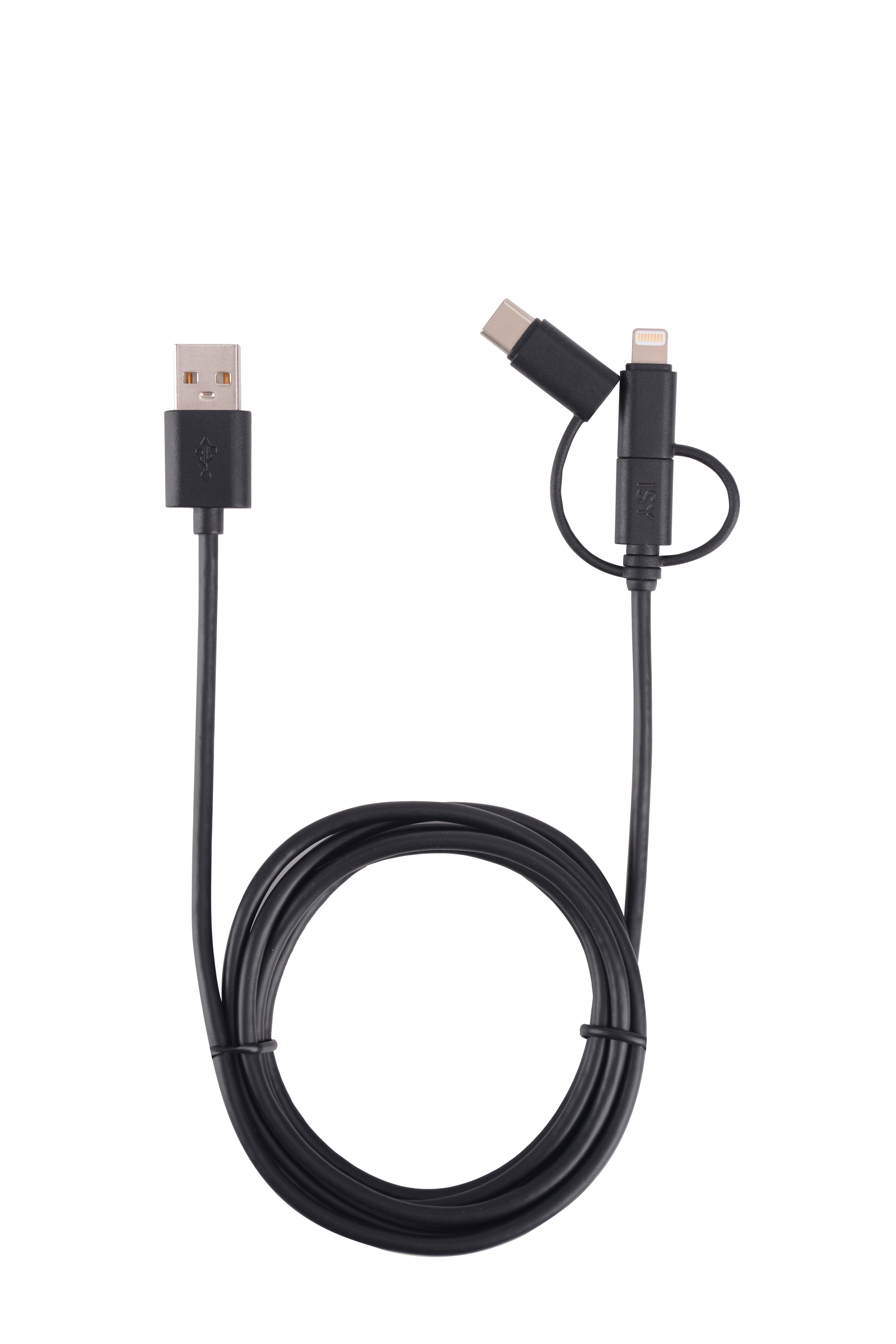 Schwarzes USB-Kabel mit drei verschiedenen Anschlüssen: USB-A, Lightning und USB-C.