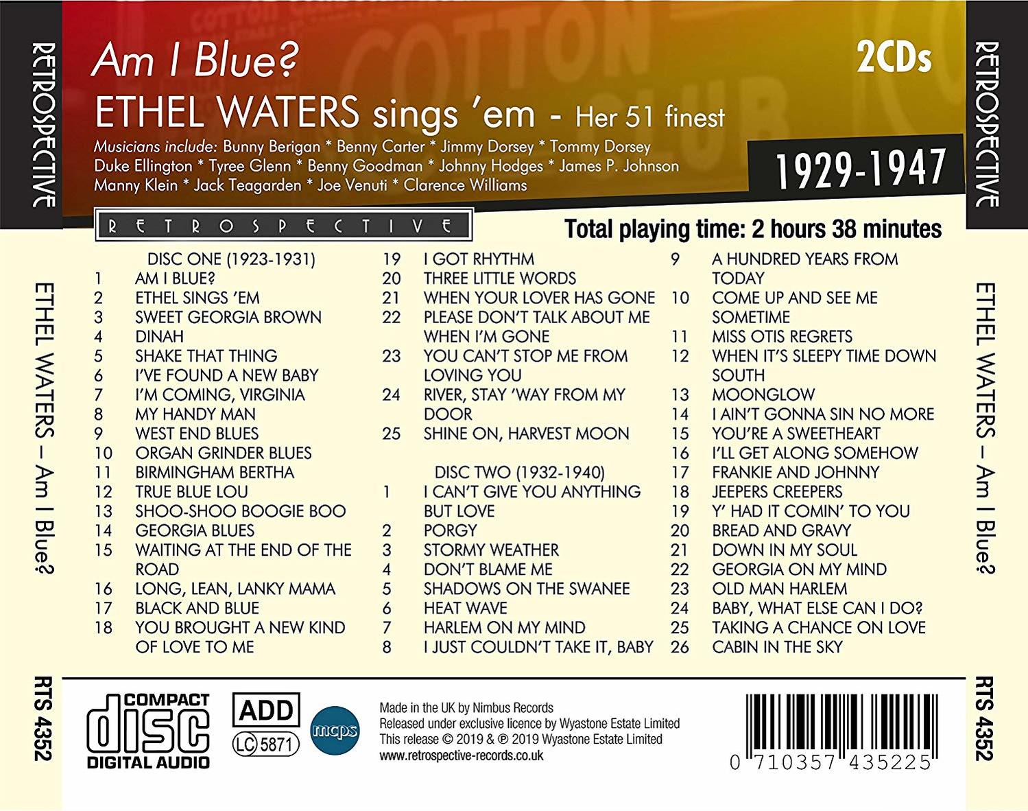 Rückseite eines Ethel Waters CD-Albums, mit Titeln und einem Porträt. Es ist eine 'Retrospektive' ihrer besten Werke.