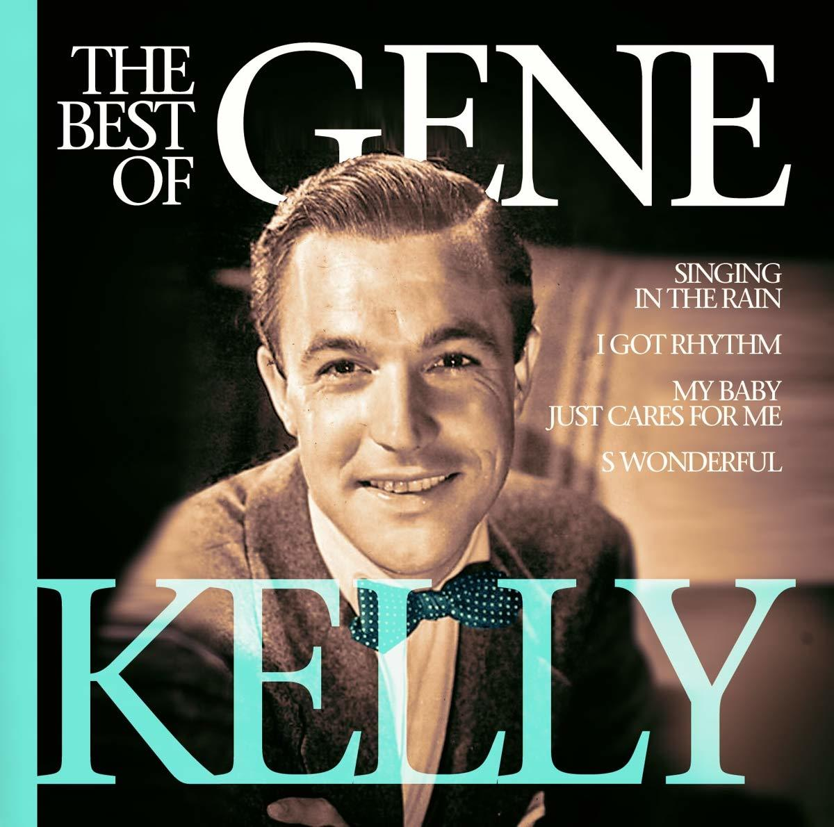 Albumcover mit Gene Kelly und Songtiteln. Text in Türkis und Weiß.