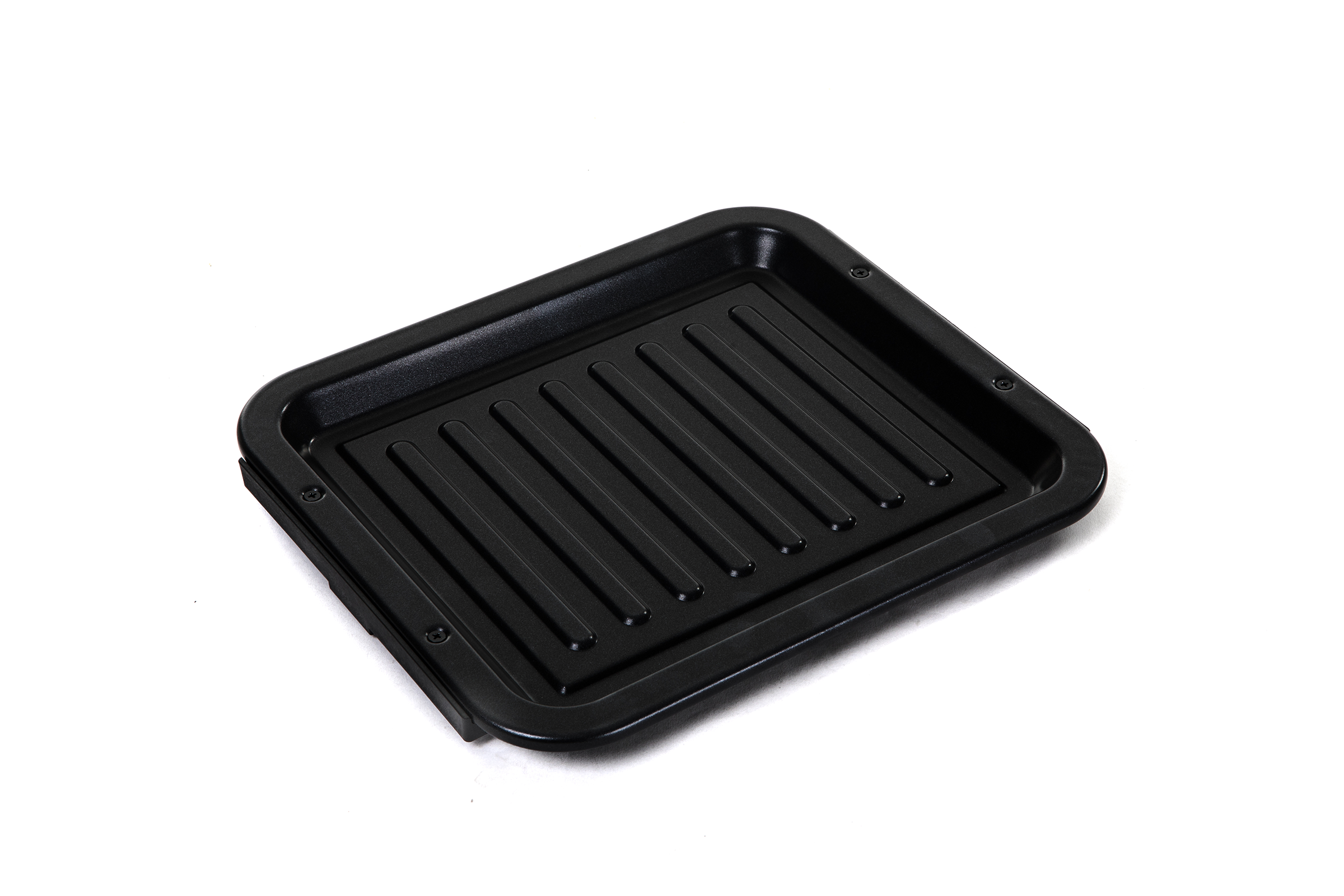 Black, rectangular oven tray with ridges, on a white background.