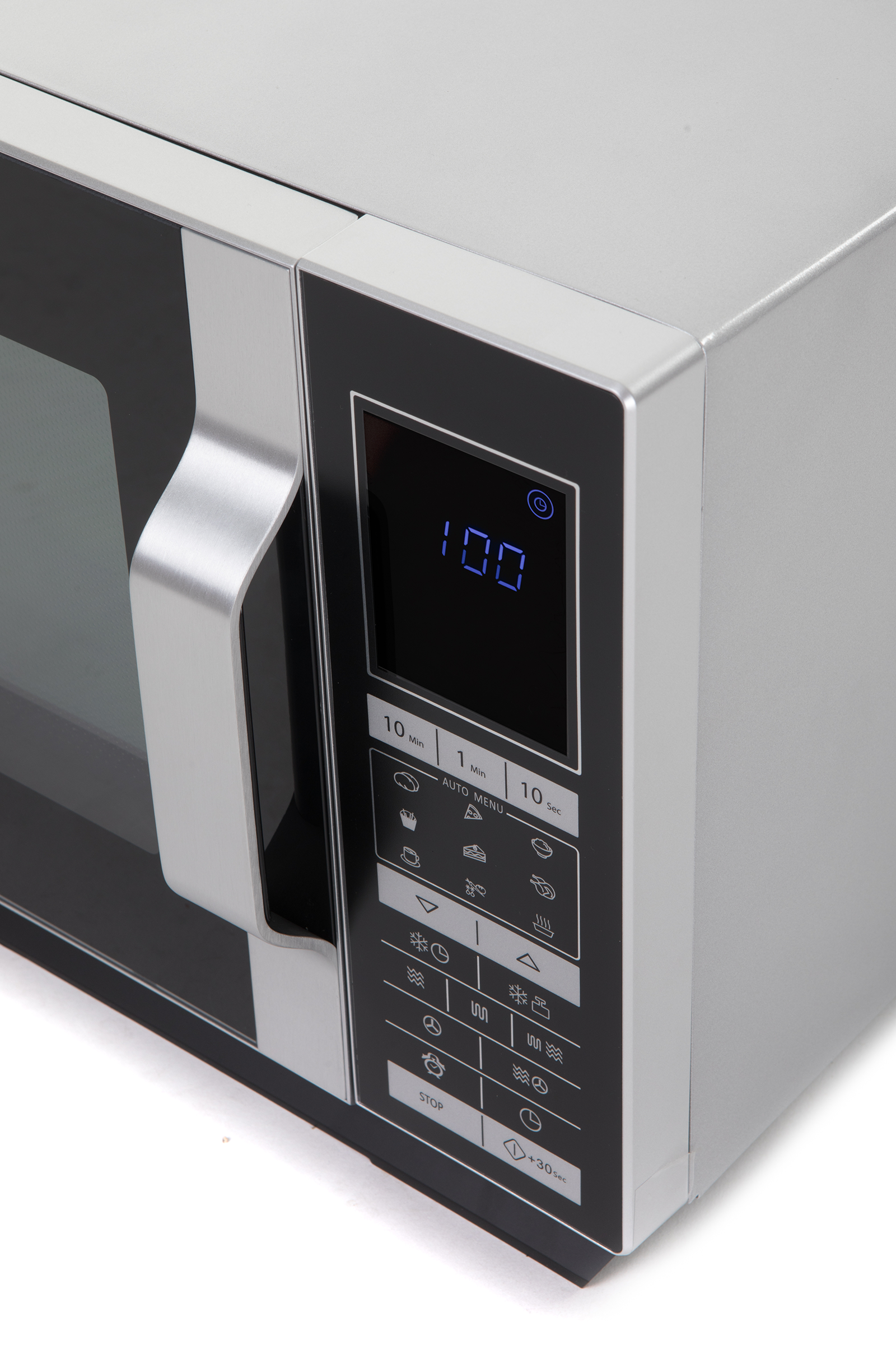 Silver microwave oven with digital display showing '100'. Control panel with buttons. Black and silver design.