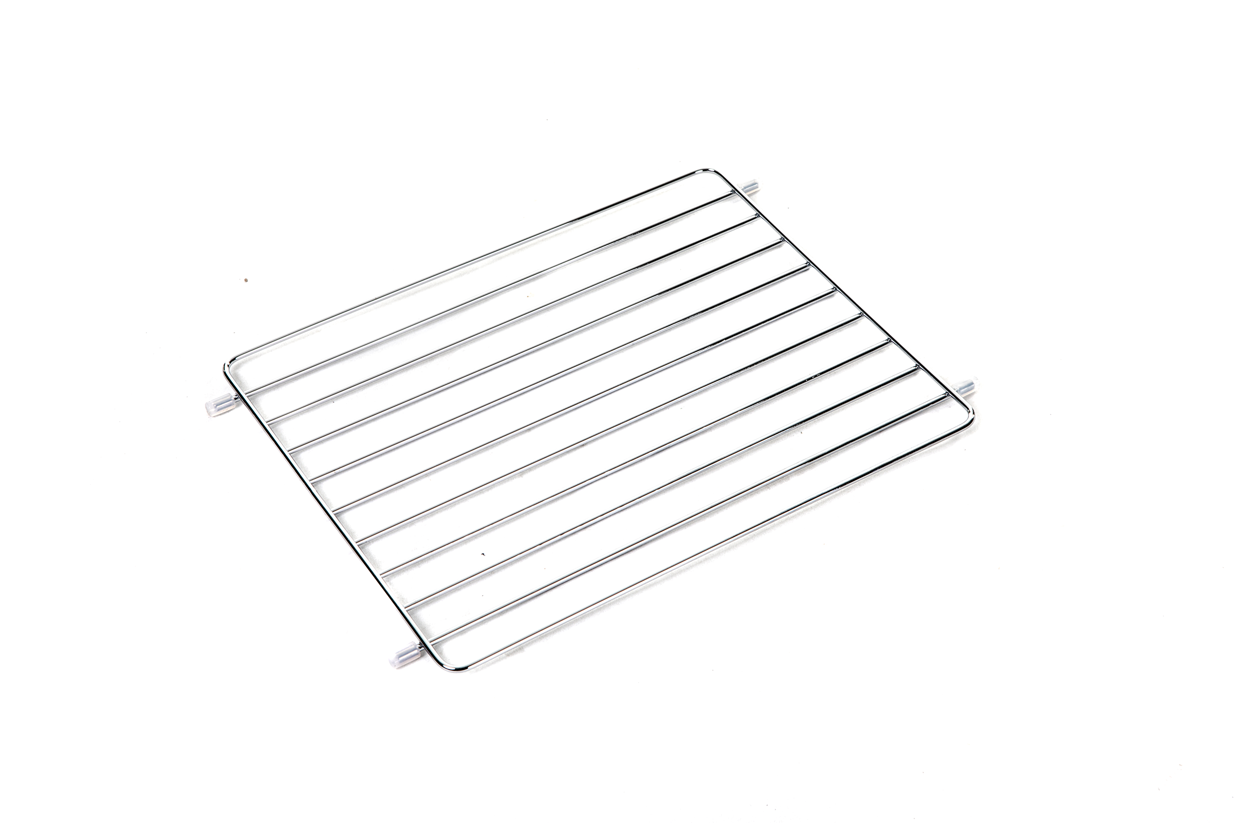 Silver oven rack isolated on a white background, angled view.