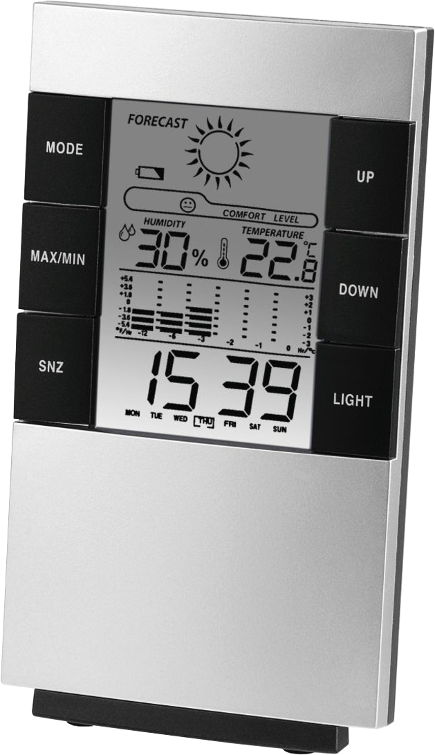 Stazione meteorologica digitale argentata che mostra ora, temperatura e umidità.