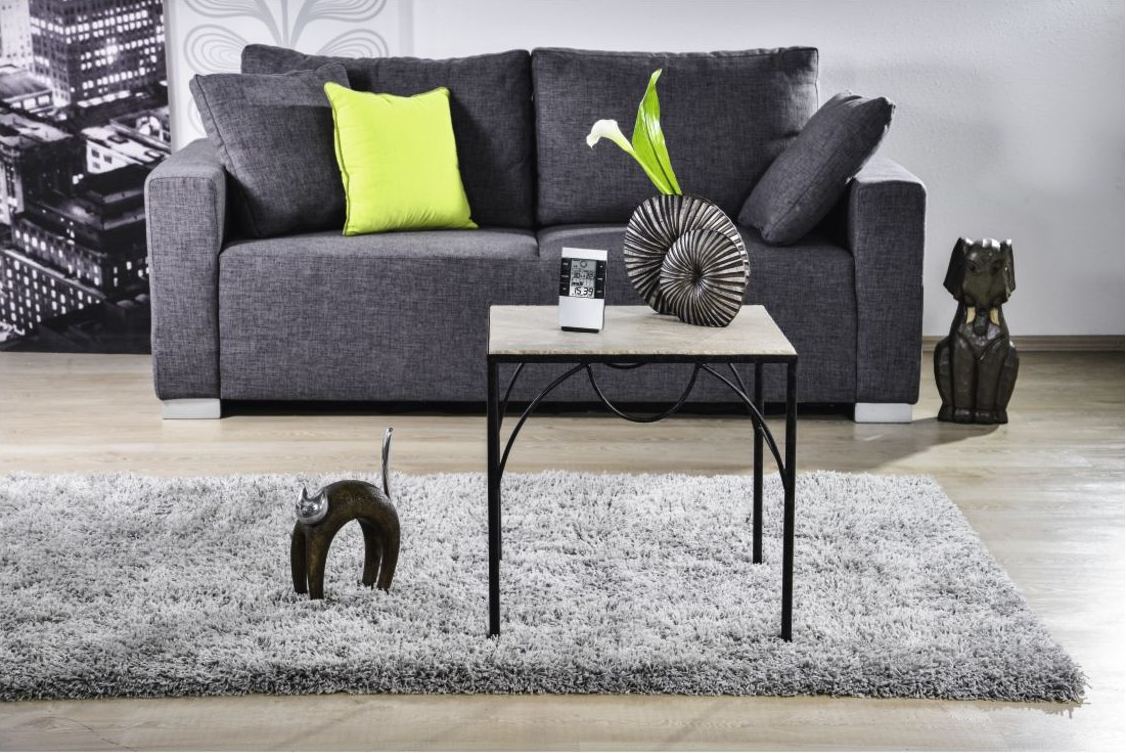 Scena di soggiorno con un divano grigio, un tavolino e oggetti decorativi.