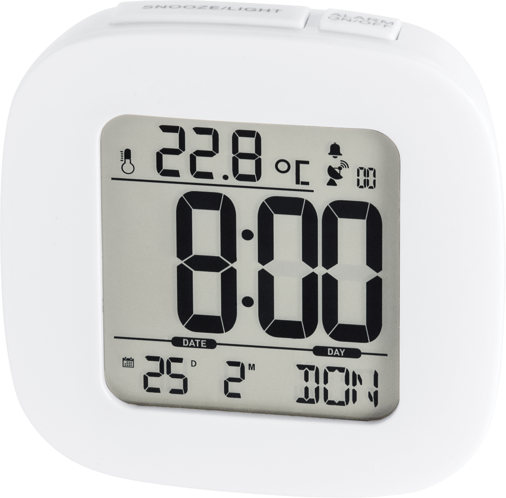 Weißer digitaler Wecker mit Anzeige von Zeit, Datum und Temperatur. Schwarze Ziffern.