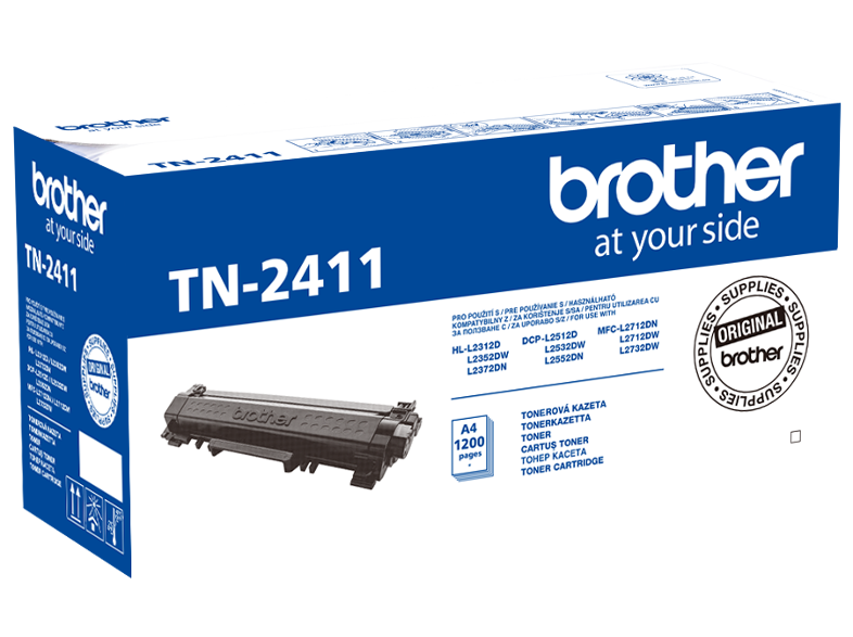 Egy Brother TN-2411 tonerkazetta doboz. A szöveg és a kazetta látható.