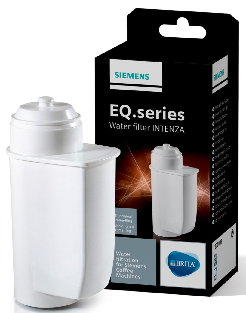 Weißer Wasserfilterpatrone mit einer Box. Auf der Box steht „EQ.series“ und „SIEMENS“.