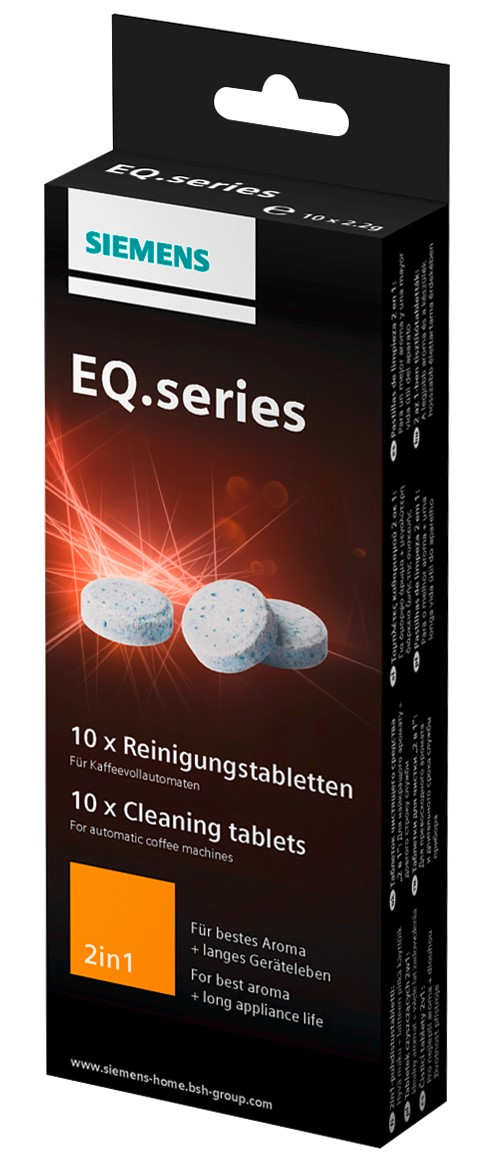 Schachtel mit Siemens Reinigungstabletten. Die Schachtel ist schwarz mit weißem und orangefarbenem Text.
