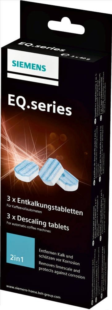Schachtel "EQ.series" Entkalkungstabletten für Kaffeemaschinen, mit drei Tabletten.