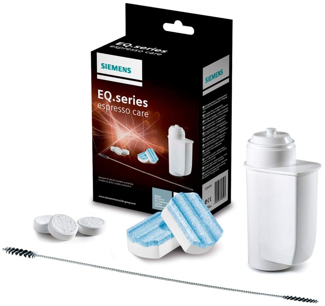 Siemens EQ.series Espresso-Pflegeset, einschließlich Reinigungstabletten, Filter und Bürste.