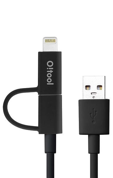 Fekete Oitoool dupla kábel Lightning és USB csatlakozókkal, fehér háttér előtt.