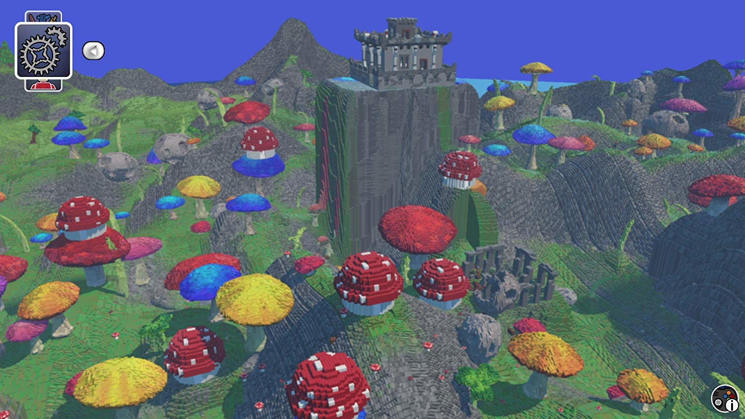 Bunte, verpixelte Landschaft mit Pilzen und Burg auf einem felsigen Hügel.