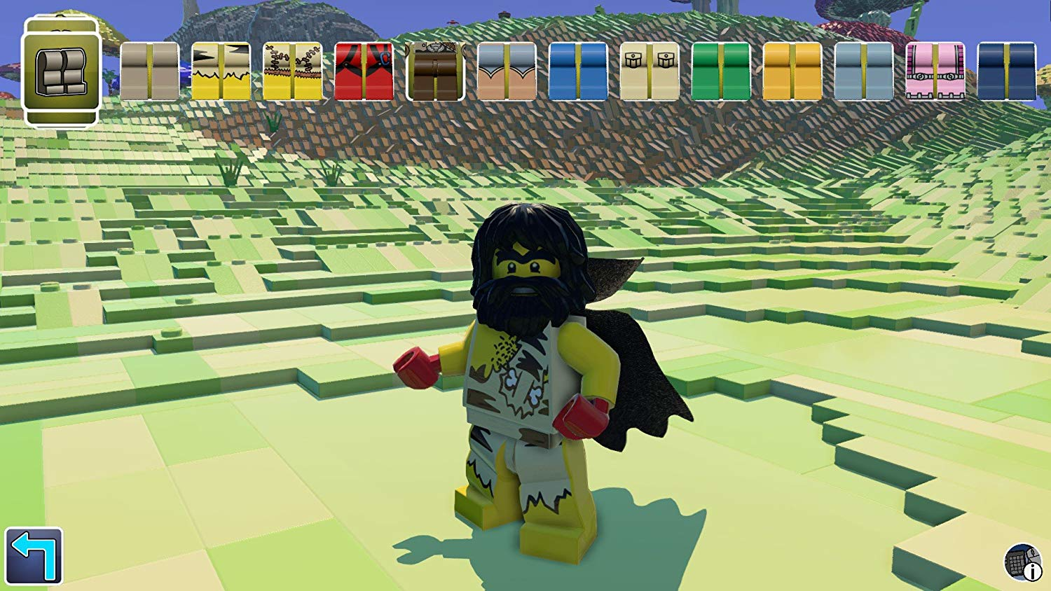 Lego-Charakter in einem Videospiel, mit Höhlenmänner-Design, in einer pixeligen, farbenfrohen Umgebung.