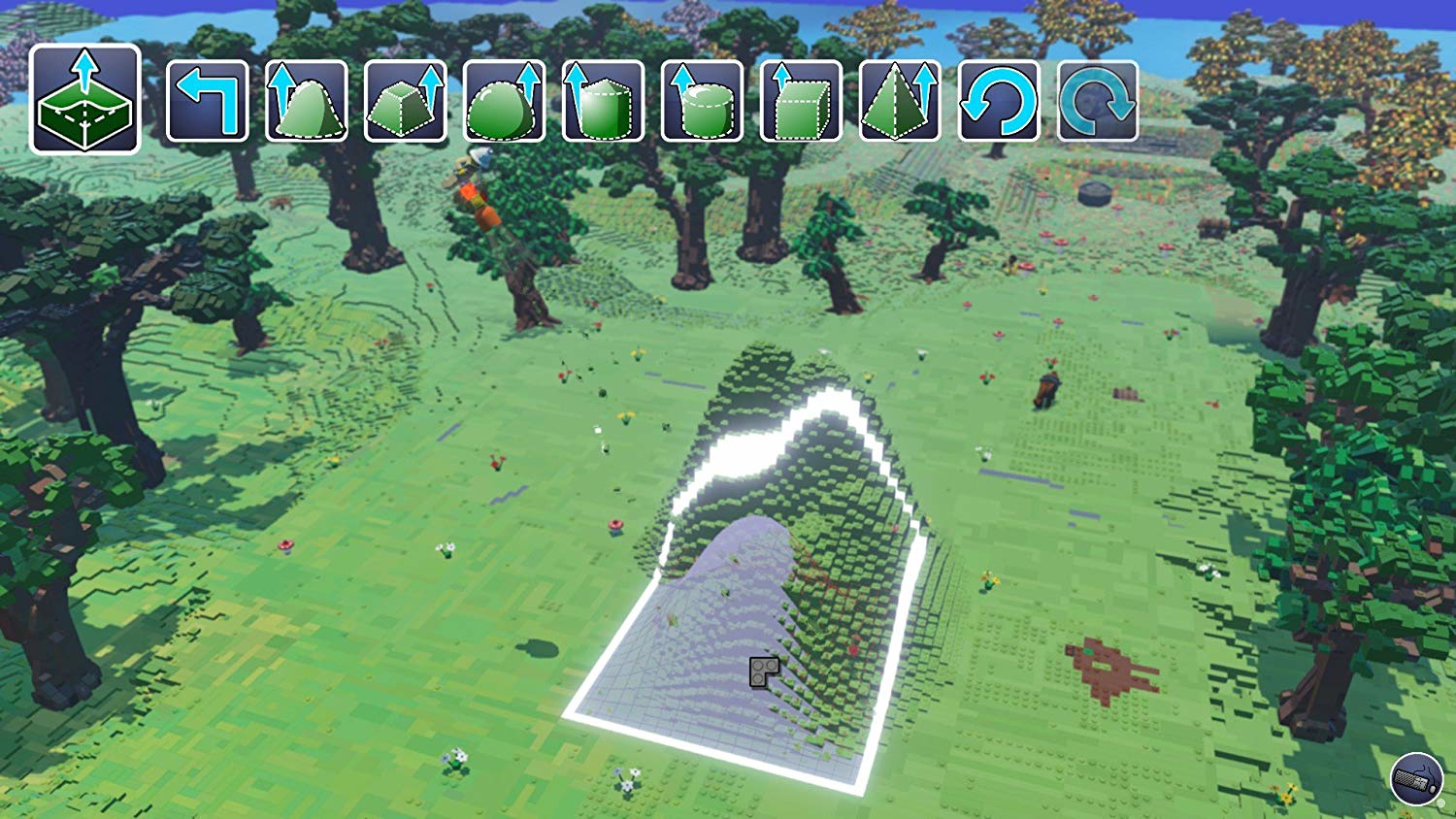 Eine Voxel-Art-Landschaft mit Bäumen, einem Berg und einer Werkzeugleiste.