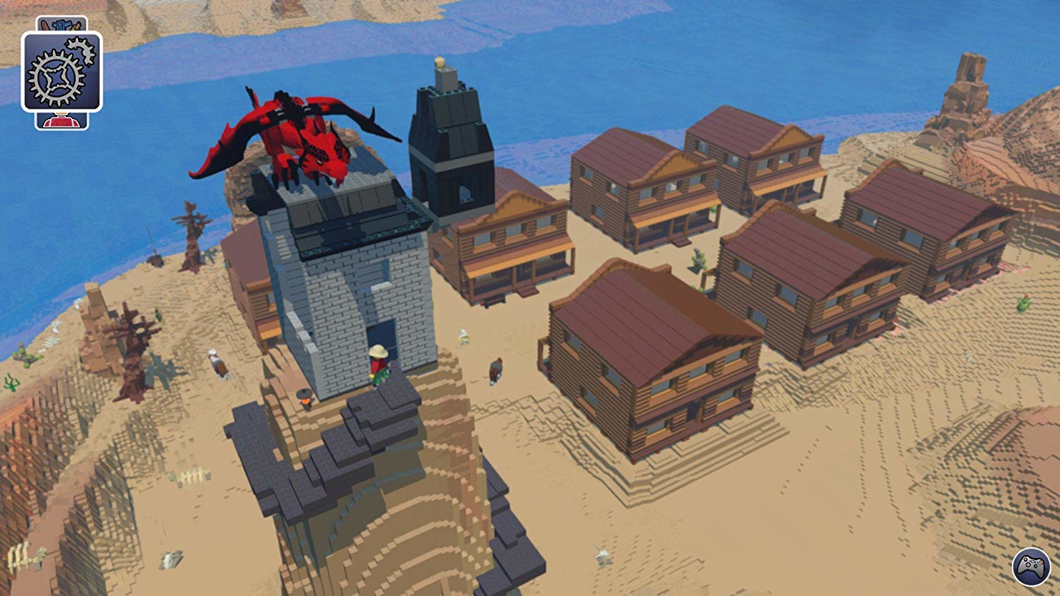 Lego-Diorama einer Westernstadt mit Gebäuden, einem roten Drachen und einer Lego-Figur.