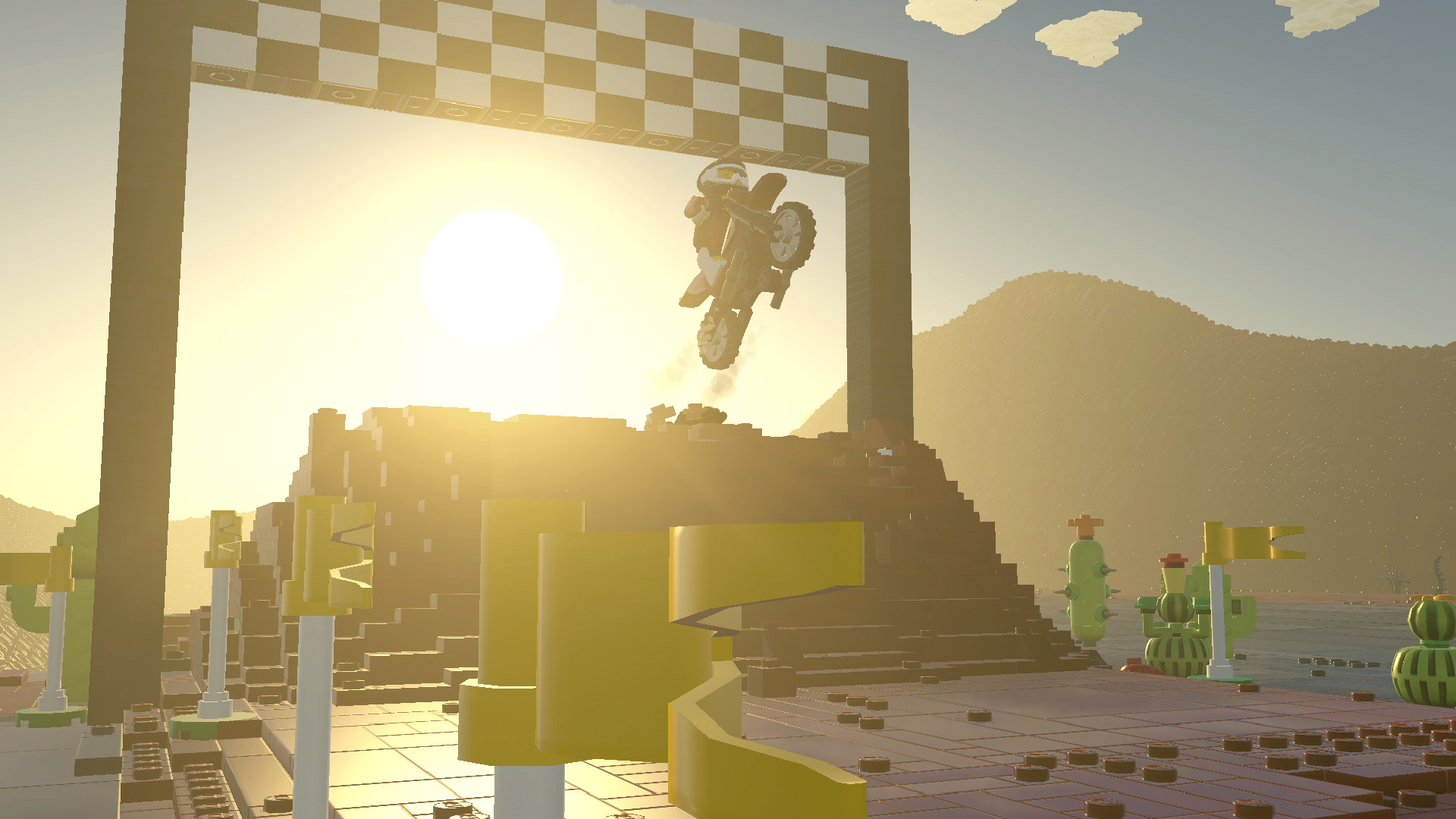 Eine Lego-ähnliche Szene eines Motorrads, das über eine Rampe springt, mit einer Zielflagge.