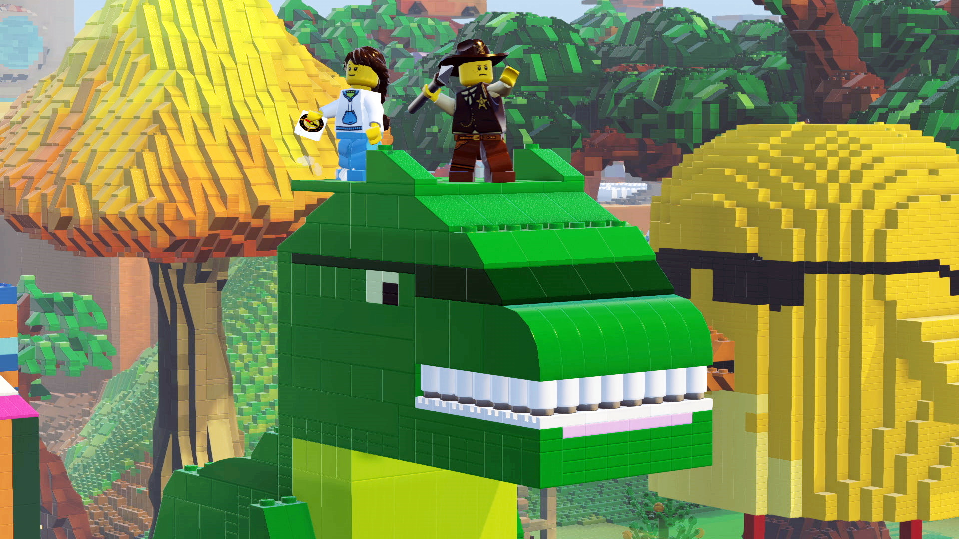 Lego-Szene: Zwei Figuren auf einem Lego-Dinosaurier in einer bunten Lego-Umgebung.
