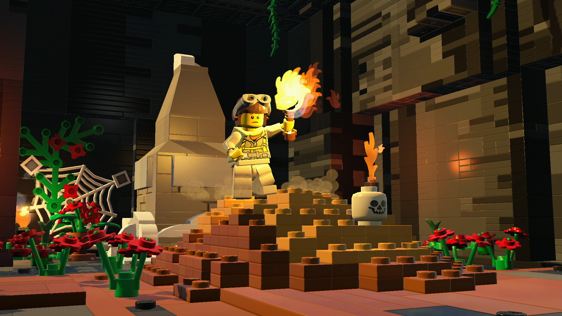 Eine Lego-Szene mit einer Figur, die eine Fackel hält, in einer antiken Umgebung mit roten Pflanzen.