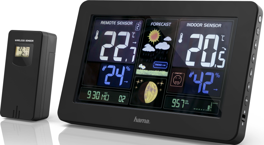 Stazione meteo nera con display che mostra temperatura, previsioni e umidità.