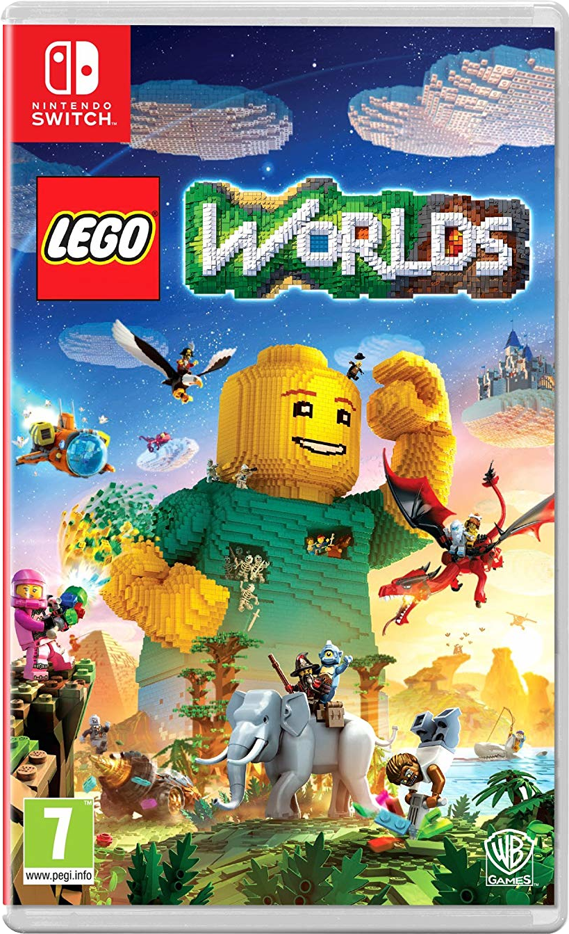 Lego Worlds Nintendo Switch-Spielcover mit einer großen Lego-Figur.