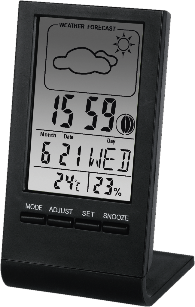 Schwarze digitale Wetterstation mit Zeit, Datum, Tag, Temperatur und Luftfeuchtigkeit.