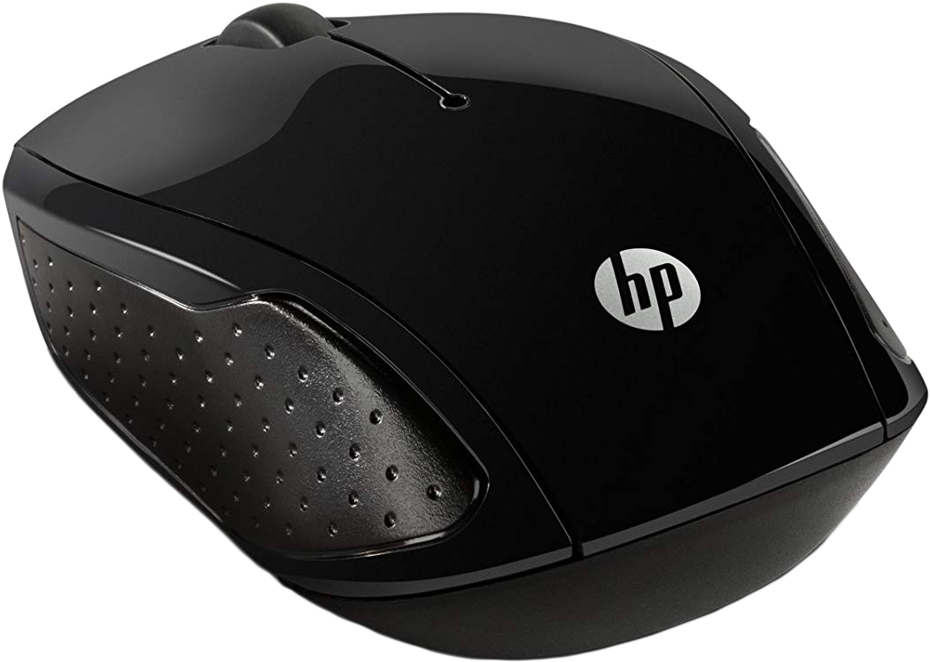 Fekete HP egér ezüst logóval, fehér háttéren.
