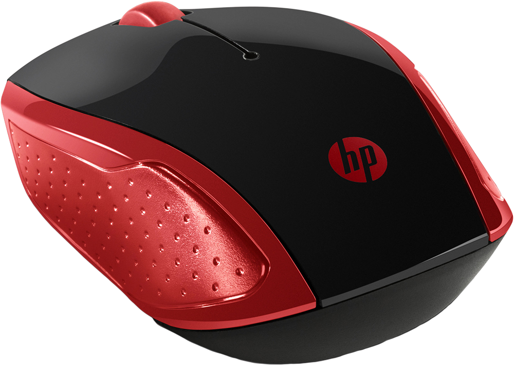 Piros-fekete HP egér. A HP logója látható. Görgővel és oldalsó gombokkal rendelkezik.