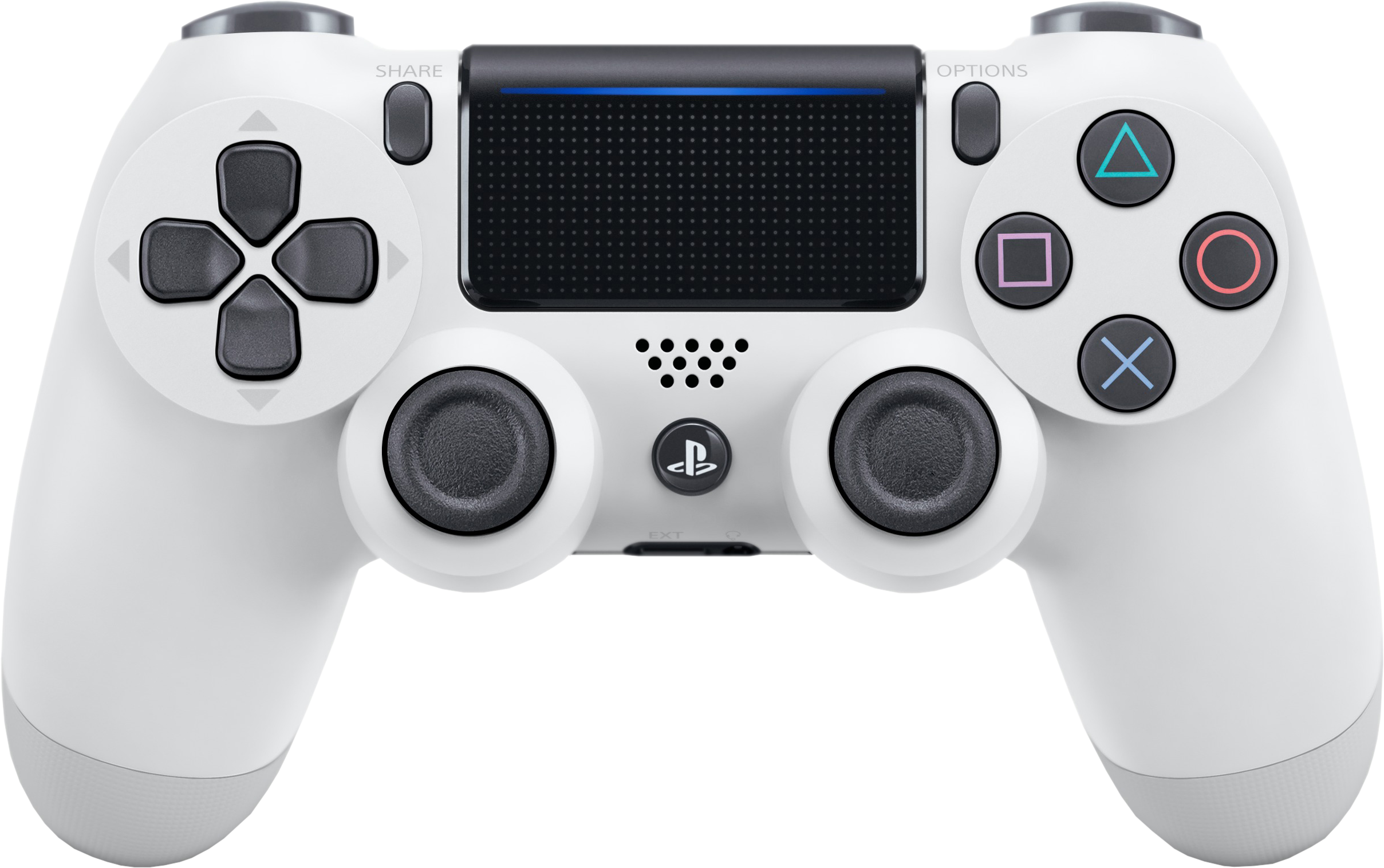 Controller PlayStation 4 bianco con pulsanti come Share, Options e un logo PS centrale.