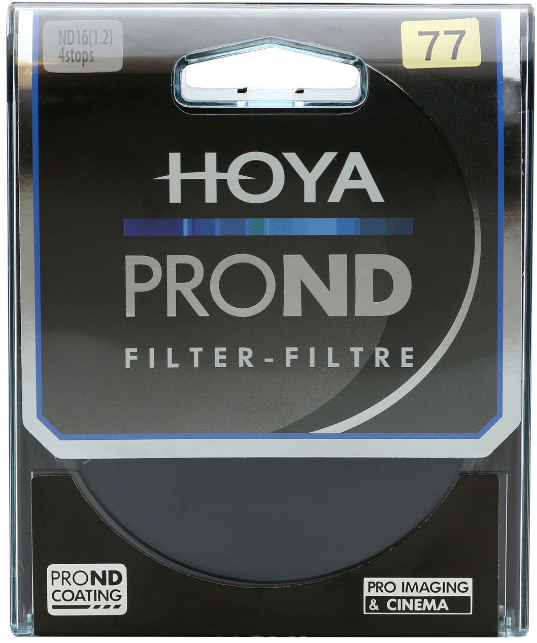 Verpackung für einen Kameraobjektivfilter. Text: HOYA PROND, Schwarzfilter und ND16 (1.2) 4 Stufen.
