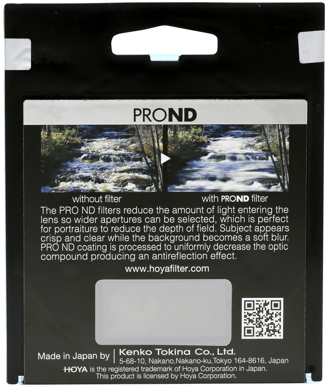 Verpackung eines PRO ND-Filters mit Vorher/Nachher-Vergleich eines Baches. Text, der seine Verwendung beschreibt.
