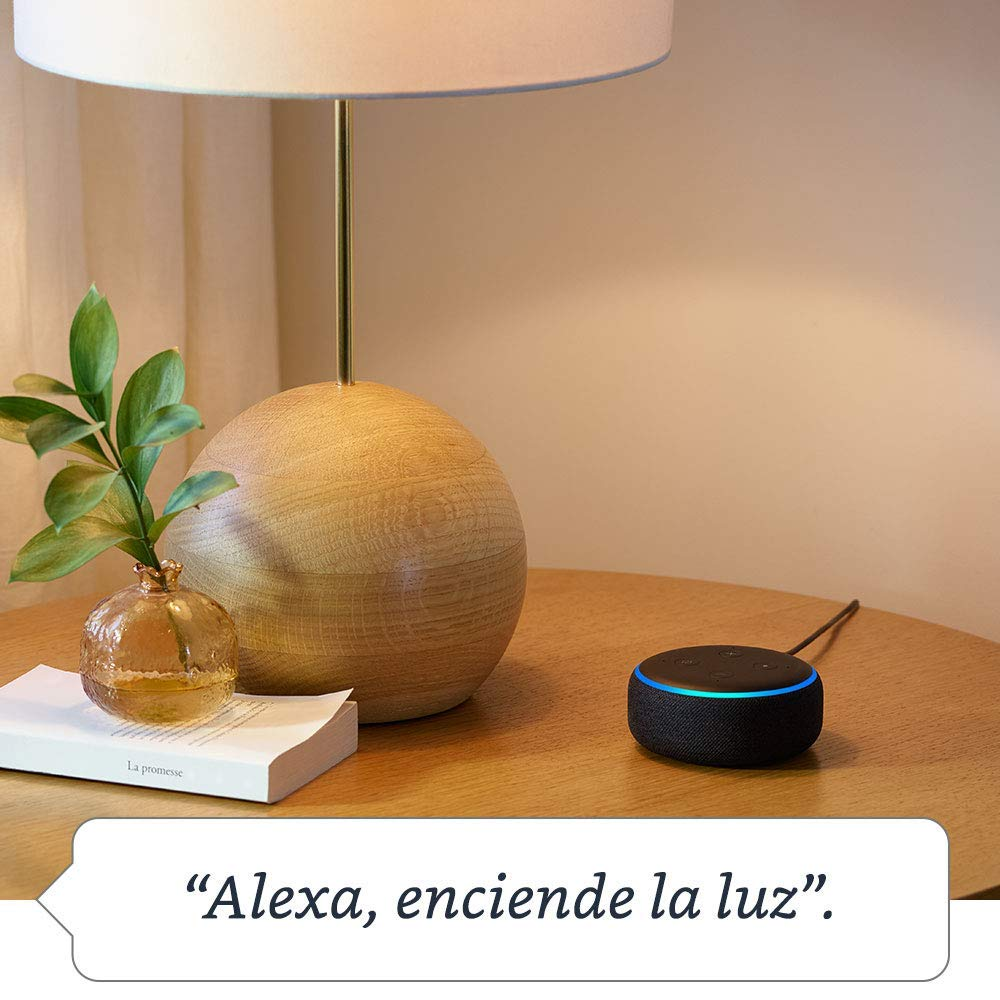 Altavoz inteligente en mesa, lámpara y libro. Se muestra una solicitud para encender la luz.