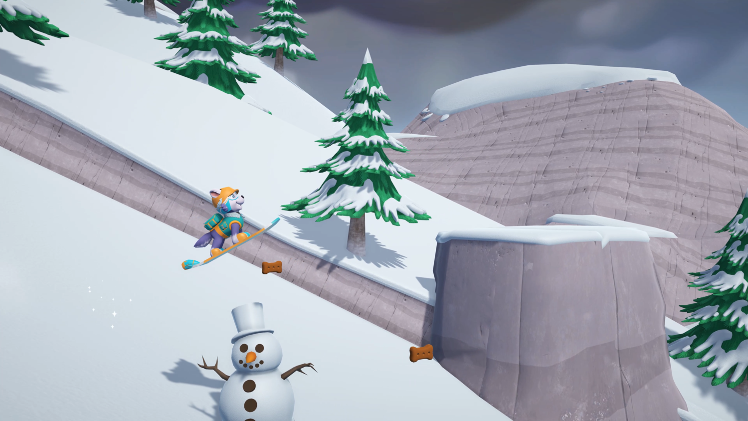 Cartoon-Skifahrer, der eine schneebedeckte Piste hinunterfährt, mit einem Schneemann und Knochen-Hindernissen.