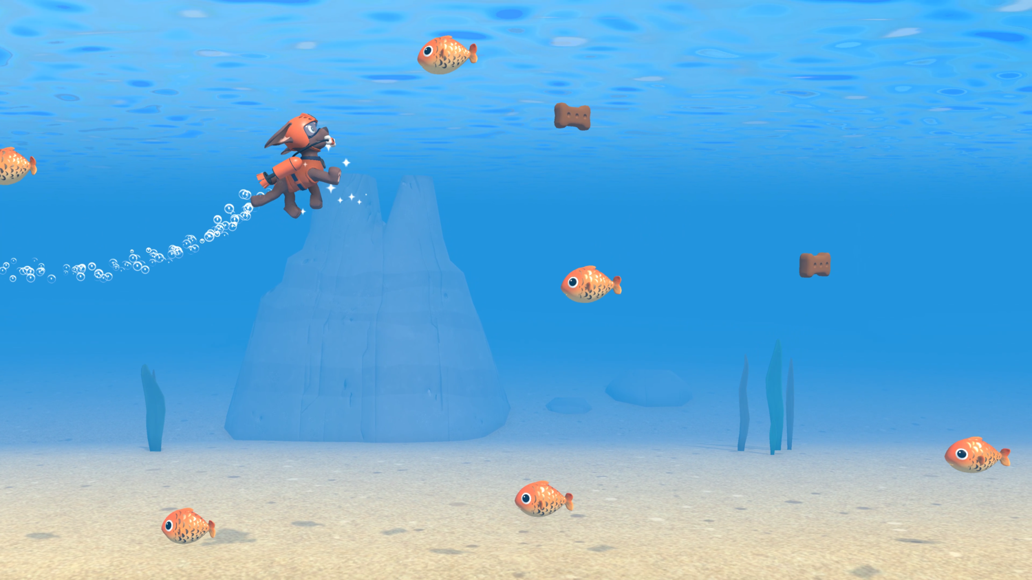 Eine Zeichentrickkatze im Wasser, die Fische und Futter jagt, mit Blasen und sandigem Meeresboden.