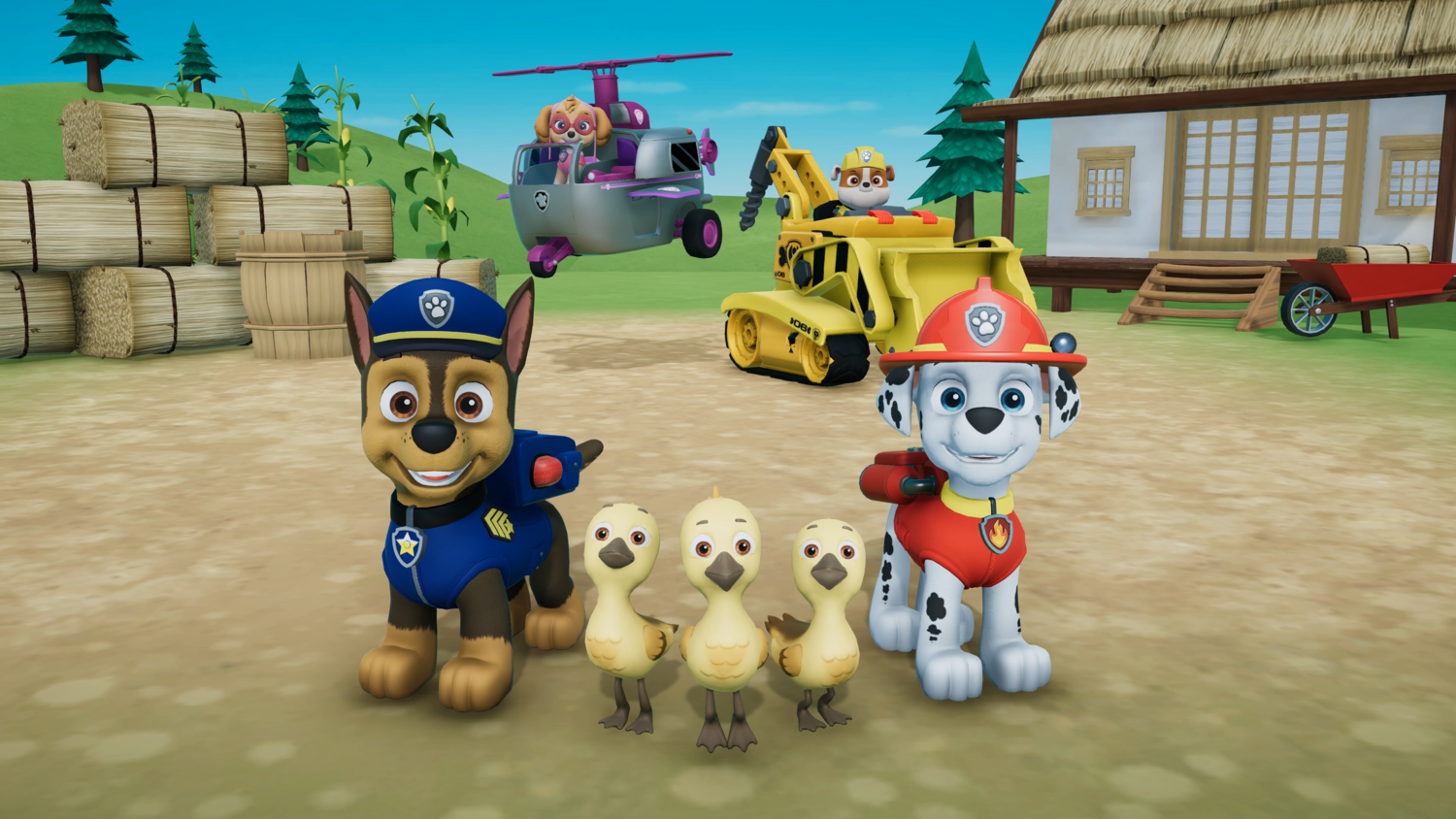 Paw Patrol Charaktere, Chase und Marshall, mit Küken, Hubschrauber und Baufahrzeugen.