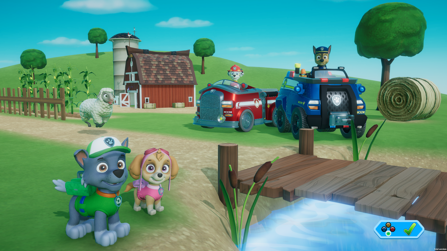PAW Patrol-Szene mit Welpen in Fahrzeugen. Ein Schaf und Bauernhäuser im Hintergrund.