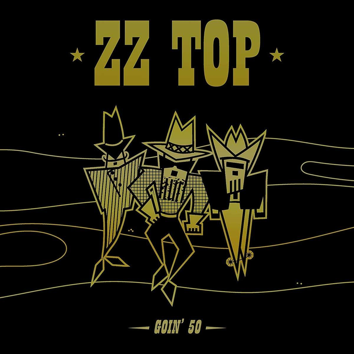 ZZ Top-Logo mit drei stilisierten Figuren in Gold auf Schwarz. Der Text 'ZZ TOP' steht darüber und 'GOIN' 50' darunter.