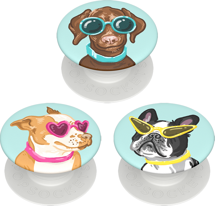 Trois Popsockets avec des visages de chiens portant des lunettes de soleil. Chaque Popsocket a un chien différent.