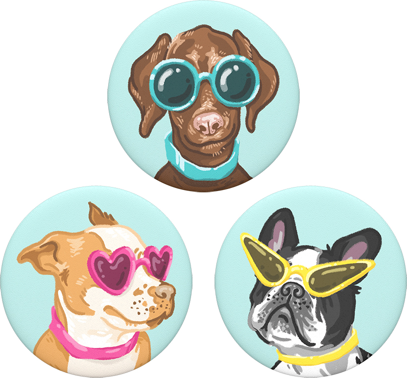 Trois illustrations de boutons de chiens portant des lunettes de soleil : chien marron, en forme de cœur et à verres jaunes.