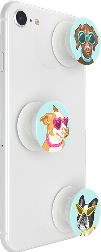Smartphone blanc avec trois PopSockets sur le thème des chiens. Chaque chien porte des lunettes de soleil.